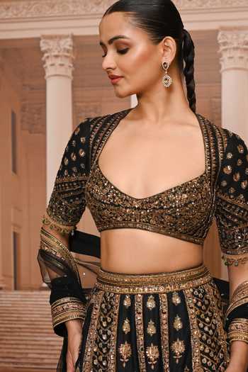 Tarun Tahiliani_Black Satin, Organza V-neck Floral Pattern Hand Embroidered Lehenga Set _Online_at_Aza_Fashions