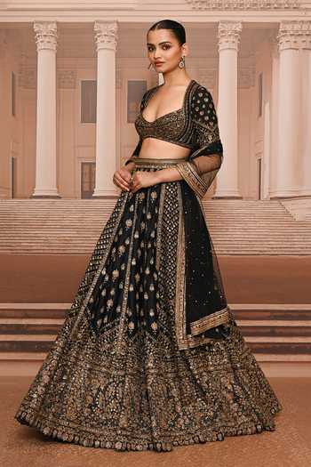 Shop_Tarun Tahiliani_Black Satin, Organza V-neck Floral Pattern Hand Embroidered Lehenga Set _Online_at_Aza_Fashions