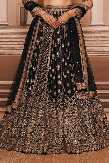 Tarun Tahiliani_Black Satin, Organza V-neck Floral Pattern Hand Embroidered Lehenga Set _at_Aza_Fashions