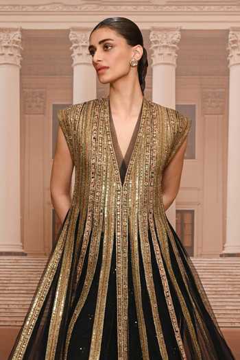 Tarun Tahiliani Black Net, Tulle V-neck Sequin Embroidered Anarkali And Trouser Set Online at Aza Fashions Tarun Tahiliani_Black Net, Tulle V-neck Sequin Embroidered Anarkali And Trouser Set _Online_at_Aza_Fashions
