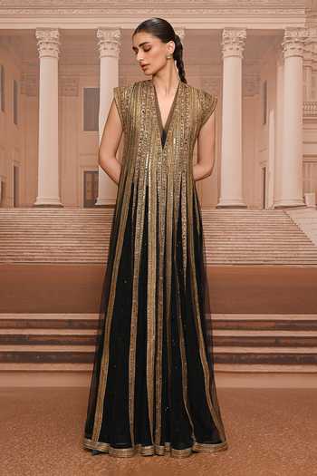 Buy Tarun Tahiliani Black Net, Tulle V-neck Sequin Embroidered Anarkali And Trouser Set Online at Aza Fashions Buy_Tarun Tahiliani_Black Net, Tulle V-neck Sequin Embroidered Anarkali And Trouser Set _Online_at_Aza_Fashions
