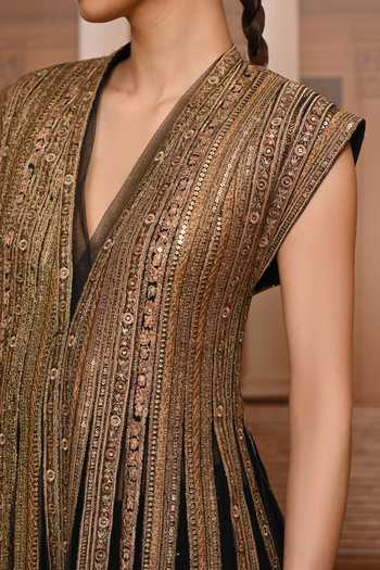 Shop Tarun Tahiliani Black Net, Tulle V-neck Sequin Embroidered Anarkali And Trouser Set Online at Aza Fashions Shop_Tarun Tahiliani_Black Net, Tulle V-neck Sequin Embroidered Anarkali And Trouser Set _Online_at_Aza_Fashions