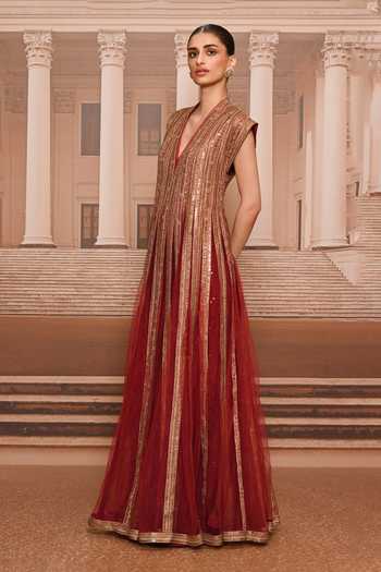 Tarun Tahiliani_Gold Net, Tulle V-neck Sequin Embroidered Flared Anarkali And Trouser Set _Online_at_Aza_Fashions