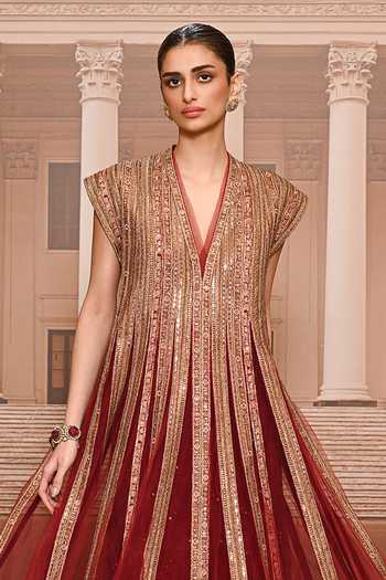 Buy_Tarun Tahiliani_Gold Net, Tulle V-neck Sequin Embroidered Flared Anarkali And Trouser Set _Online_at_Aza_Fashions