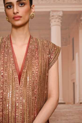 Shop_Tarun Tahiliani_Gold Net, Tulle V-neck Sequin Embroidered Flared Anarkali And Trouser Set _Online_at_Aza_Fashions