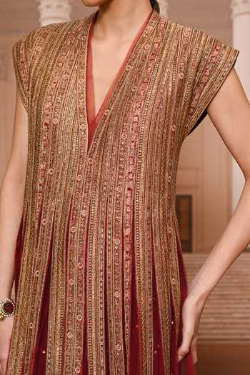 Tarun Tahiliani_Gold Net, Tulle V-neck Sequin Embroidered Flared Anarkali And Trouser Set _at_Aza_Fashions