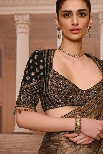 Buy_Tarun Tahiliani_Black Georgette, Chanderi Sweetheart Neck Printed Saree With Embroidered Blouse _Online_at_Aza_Fashions