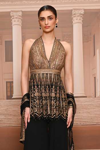 Buy Tarun Tahiliani Black Chiffon, Tulle, Muslin Halter Neck Embroidered Peplum Kurta Sharara Set Online at Aza Fashions Buy_Tarun Tahiliani_Black Chiffon, Tulle, Muslin Halter Neck Embroidered Peplum Kurta Sharara Set _Online_at_Aza_Fashions
