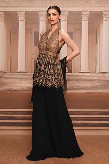 Shop Tarun Tahiliani Black Chiffon, Tulle, Muslin Halter Neck Embroidered Peplum Kurta Sharara Set Online at Aza Fashions Shop_Tarun Tahiliani_Black Chiffon, Tulle, Muslin Halter Neck Embroidered Peplum Kurta Sharara Set _Online_at_Aza_Fashions