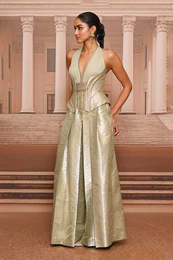 Tarun Tahiliani Green Brocade Corset Bodice Jumpsuit Online at Aza Fashions Tarun Tahiliani_Green Brocade Corset Bodice Jumpsuit _Online_at_Aza_Fashions