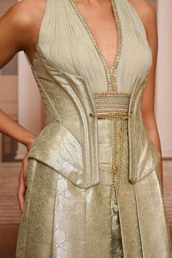 Shop Tarun Tahiliani Green Brocade Corset Bodice Jumpsuit Online at Aza Fashions Shop_Tarun Tahiliani_Green Brocade Corset Bodice Jumpsuit _Online_at_Aza_Fashions
