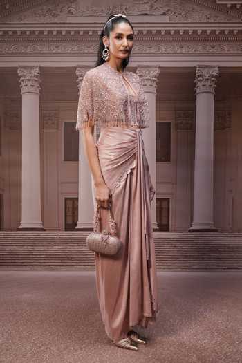 Tarun Tahiliani_Beige Tulle Sequins, Beads High Neck Cape And Draped Skirt Set _Online_at_Aza_Fashions
