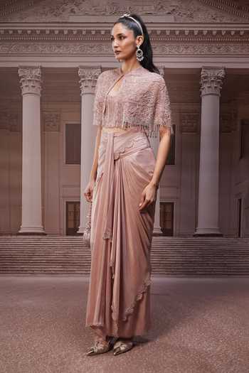 Buy_Tarun Tahiliani_Beige Tulle Sequins, Beads High Neck Cape And Draped Skirt Set _Online_at_Aza_Fashions