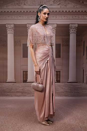 Shop_Tarun Tahiliani_Beige Tulle Sequins, Beads High Neck Cape And Draped Skirt Set _Online_at_Aza_Fashions