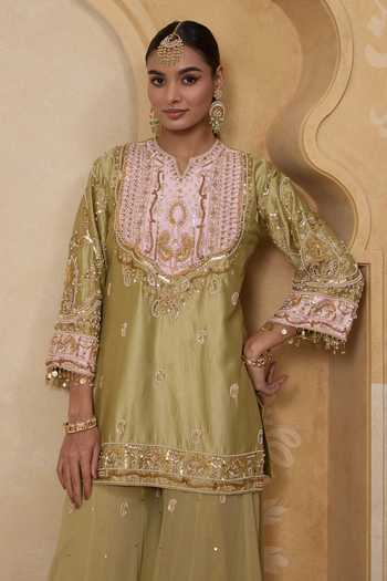 Nitisha Kashyap_Pink Silk, Organza, Georgette Split Saanjh Contrast Yoke Kurta And Sharara Set _Online_at_Aza_Fashions