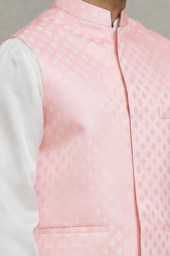 SPRING BREAK Pink Cotton, Silk Embroidery Leaf Woven Kurta Set For Kids Online at Aza Fashions SPRING BREAK_Pink Cotton, Silk Embroidery Leaf Woven Kurta Set For Kids_Online_at_Aza_Fashions