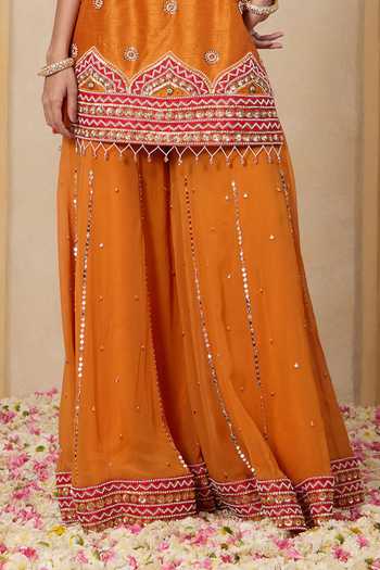 Buy_Nitisha Kashyap_Red Silk, Georgette, Net Square Neck, Yes Noor Embroidered Kurta And Sharara Set _Online_at_Aza_Fashions