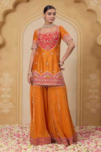 Shop_Nitisha Kashyap_Red Silk, Georgette, Net Square Neck, Yes Noor Embroidered Kurta And Sharara Set _Online_at_Aza_Fashions