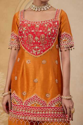 Nitisha Kashyap_Red Silk, Georgette, Net Square Neck, Yes Noor Embroidered Kurta And Sharara Set _at_Aza_Fashions