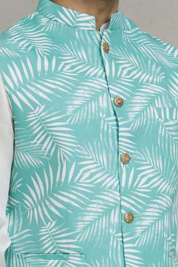 SPRING BREAK Green Cotton Tropical Print Nehru Jacket For Kids Online at Aza Fashions SPRING BREAK_Green Cotton Tropical Print Nehru Jacket For Kids_Online_at_Aza_Fashions