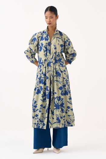 Buy_Three_Blue Cotton, Poplin Mandarin Collar Floral Print Drawstring Tunic 