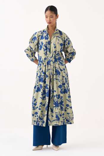 Shop Three Green Cotton, Poplin Mandarin Collar, Yes Drawstring Floral Tunic And Pant Set Shop_Three_Green Cotton, Poplin Mandarin Collar, Yes Drawstring Floral Tunic And Pant Set