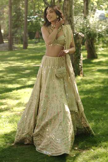Gopi Vaid_Gold Viscose, Tissue Plunge Neck Suroor Mirror Embroidered Lehenga Set _at_Aza_Fashions