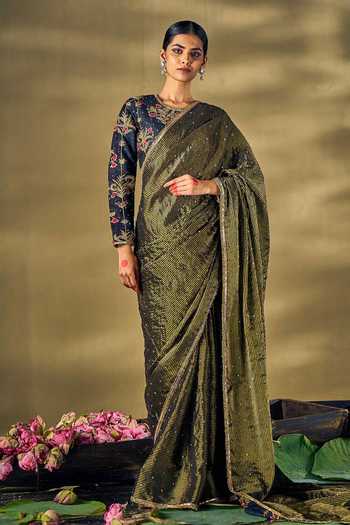 17:17 By Simmi Saboo Black Striped Embellished Saree Set 
