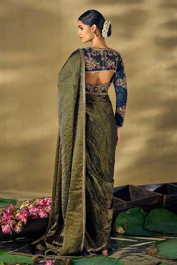 Shop 17:17 By Simmi Saboo Black Silk Sequins, Pearls, Embroidery Round Neck Striped Embellished Saree Set at Aza Fashions Shop_17:17 By Simmi Saboo_Black Silk Sequins, Pearls, Embroidery Round Neck Striped Embellished Saree Set _at_Aza_Fashions