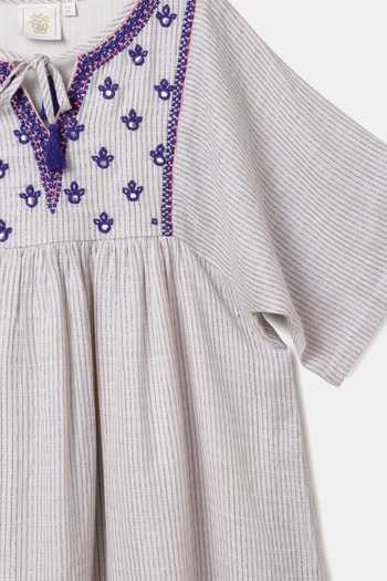 Byb Premium_Beige Linen Embroidered Dress _Online_at_Aza_Fashions