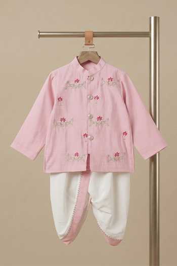 Buy_Byb Premium_Pink Kota Doria Embroidery Floret Kurta Set _Online_at_Aza_Fashions