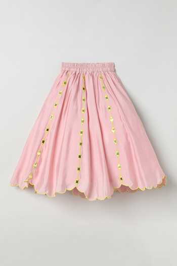 Shop_Byb Premium_Pink Cotton, Chanderi Mirror Embellished Lehenga Set _Online_at_Aza_Fashions