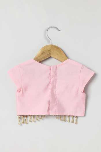Byb Premium_Pink Cotton, Chanderi Hand Embroidered Blouse Lehenga Set _Online_at_Aza_Fashions