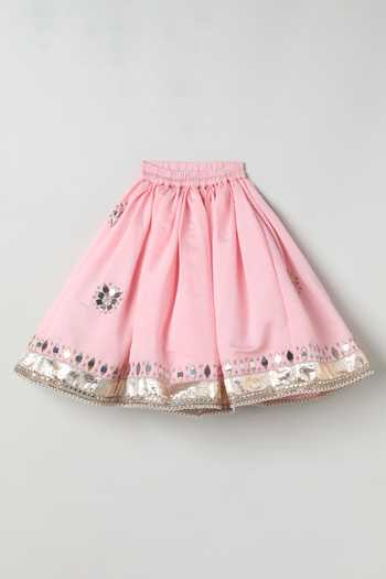 Shop_Byb Premium_Pink Cotton, Chanderi Hand Embroidered Blouse Lehenga Set _Online_at_Aza_Fashions