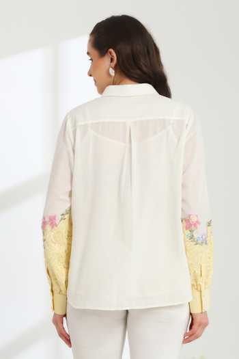 Shop DAREISS Beige Silk, Linen Collared Neck Sunlit Shirt at Aza Fashions Shop_DAREISS_Beige Silk, Linen Collared Neck Sunlit Shirt _at_Aza_Fashions