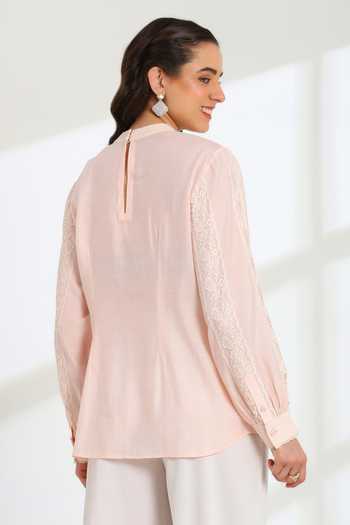 Shop DAREISS Pink Silk, Cotton Mandarin Collar Elan Hand Embroidered Top at Aza Fashions Shop_DAREISS_Pink Silk, Cotton Mandarin Collar Elan Hand Embroidered Top _at_Aza_Fashions