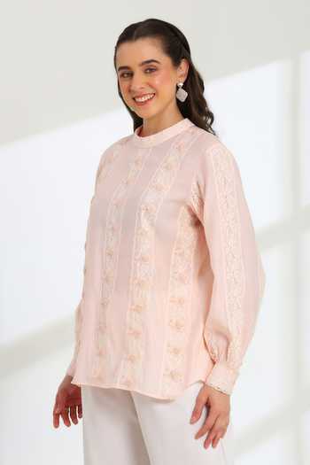 DAREISS Pink Silk, Cotton Mandarin Collar Elan Hand Embroidered Top Online at Aza Fashions DAREISS_Pink Silk, Cotton Mandarin Collar Elan Hand Embroidered Top _Online_at_Aza_Fashions
