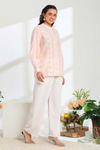 DAREISS Pink Silk, Cotton Mandarin Collar Elan Hand Embroidered Top at Aza Fashions DAREISS_Pink Silk, Cotton Mandarin Collar Elan Hand Embroidered Top _at_Aza_Fashions