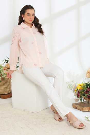 DAREISS_Pink Silk, Cotton Collared Neck Spring Hand Embroidered Shirt _Online_at_Aza_Fashions