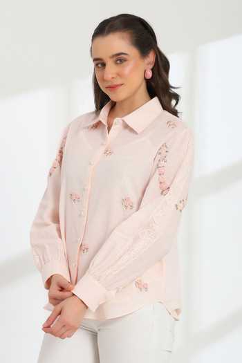 Buy_DAREISS_Pink Silk, Cotton Collared Neck Spring Hand Embroidered Shirt _Online_at_Aza_Fashions