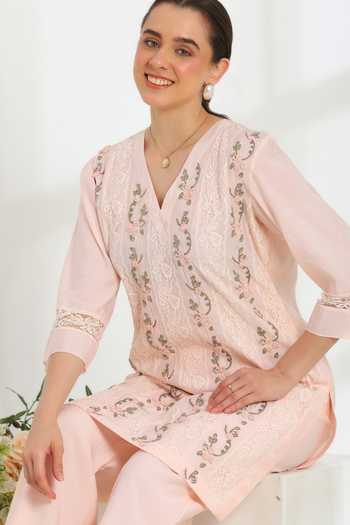 DAREISS Pink Silk, Cotton V-neck Rosella Embroidered Kurta And Pant Set Online at Aza Fashions DAREISS_Pink Silk, Cotton V-neck Rosella Embroidered Kurta And Pant Set _Online_at_Aza_Fashions