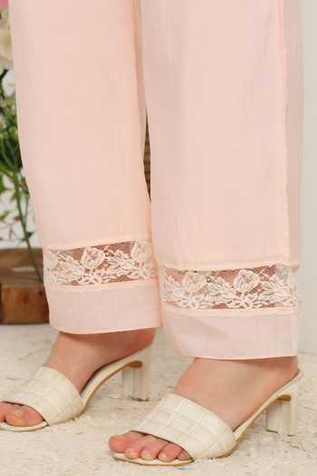 Shop DAREISS Pink Silk, Cotton V-neck Rosella Embroidered Kurta And Pant Set Shop_DAREISS_Pink Silk, Cotton V-neck Rosella Embroidered Kurta And Pant Set