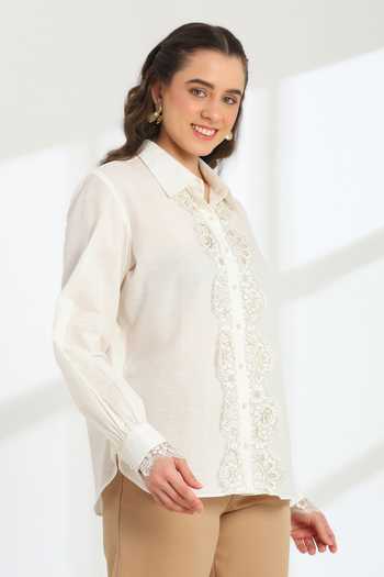Buy_DAREISS_Beige Linen Collared Neck Moonlight Shirt _Online_at_Aza_Fashions