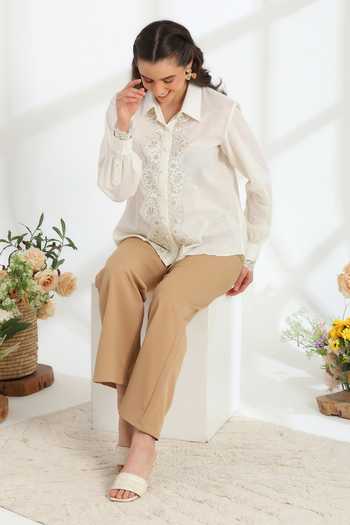 DAREISS_Beige Linen Collared Neck Moonlight Shirt _at_Aza_Fashions