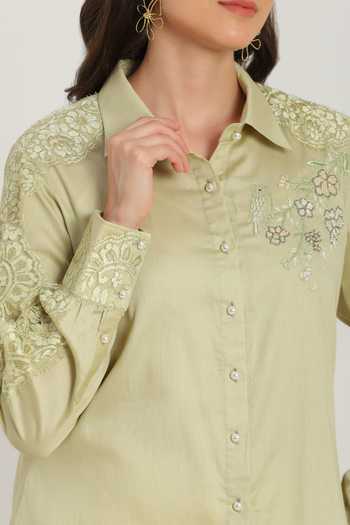 DAREISS Green Cotton Collared Neck Hand Embroidered Shirt Online at Aza Fashions DAREISS_Green Cotton Collared Neck Hand Embroidered Shirt _Online_at_Aza_Fashions