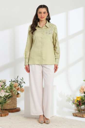 Buy DAREISS Green Cotton Collared Neck Hand Embroidered Shirt Buy_DAREISS_Green Cotton Collared Neck Hand Embroidered Shirt