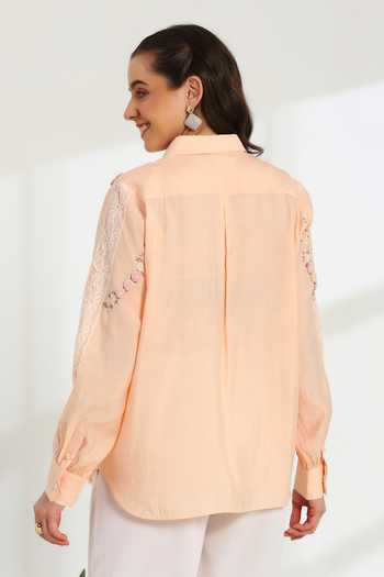 Shop DAREISS Peach Silk, Cotton Collared Neck Spring Hand Embroidered Shirt at Aza Fashions Shop_DAREISS_Peach Silk, Cotton Collared Neck Spring Hand Embroidered Shirt _at_Aza_Fashions