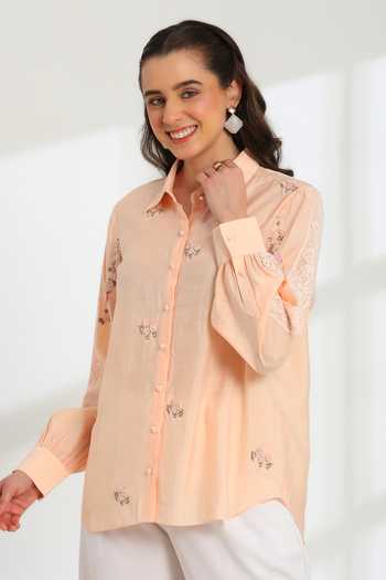 DAREISS Peach Silk, Cotton Collared Neck Spring Hand Embroidered Shirt Online at Aza Fashions DAREISS_Peach Silk, Cotton Collared Neck Spring Hand Embroidered Shirt _Online_at_Aza_Fashions