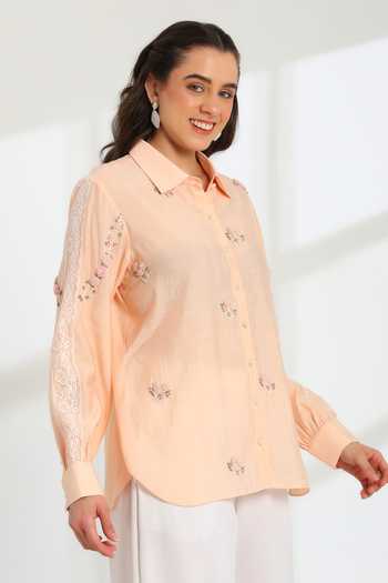Buy DAREISS Peach Silk, Cotton Collared Neck Spring Hand Embroidered Shirt Online at Aza Fashions Buy_DAREISS_Peach Silk, Cotton Collared Neck Spring Hand Embroidered Shirt _Online_at_Aza_Fashions