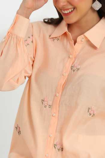 DAREISS Peach Silk, Cotton Collared Neck Spring Hand Embroidered Shirt at Aza Fashions DAREISS_Peach Silk, Cotton Collared Neck Spring Hand Embroidered Shirt _at_Aza_Fashions